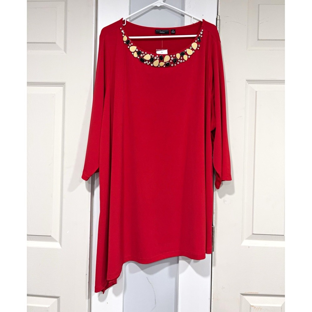 Susan Graver Artisan 3X Red Embellished Tunic Top Asymmetrical Hem 3/4 Sleeve
